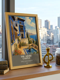 The Azure Castle book cover print framed by window – literary home decor