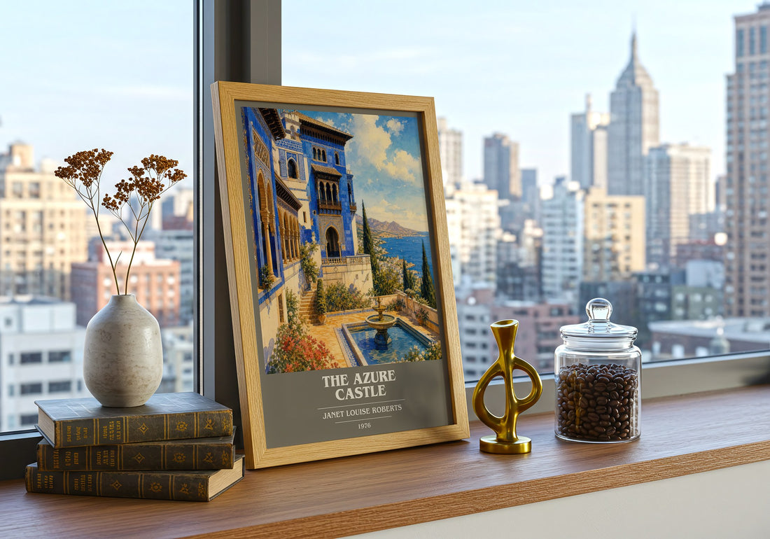 The Azure Castle book cover print framed by window – literary home decor