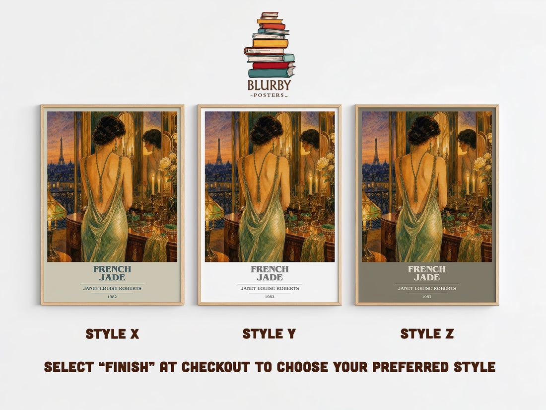 French Jade book cover print in frame leaning in hallway – romance wall art (mockup)
