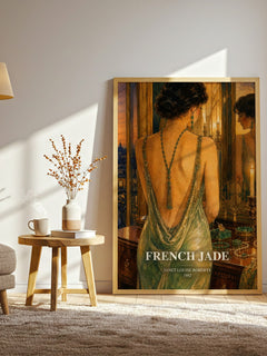 French Jade watercolour print in frame leaning in hallway – romance wall art