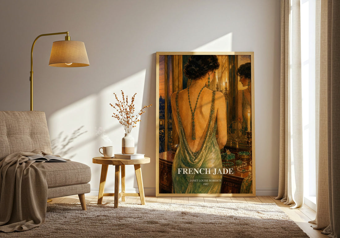 French Jade watercolour print in frame leaning in hallway – romance wall art