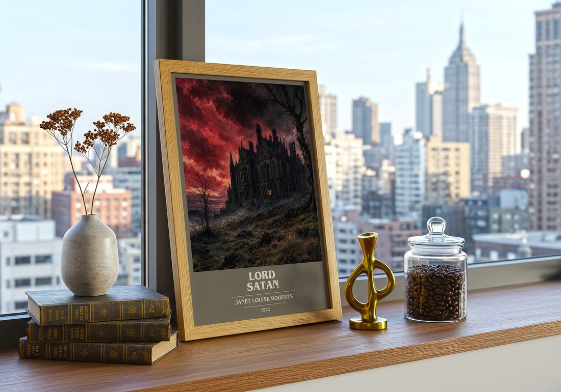 Lord Satan book cover print framed by window – literary home decor