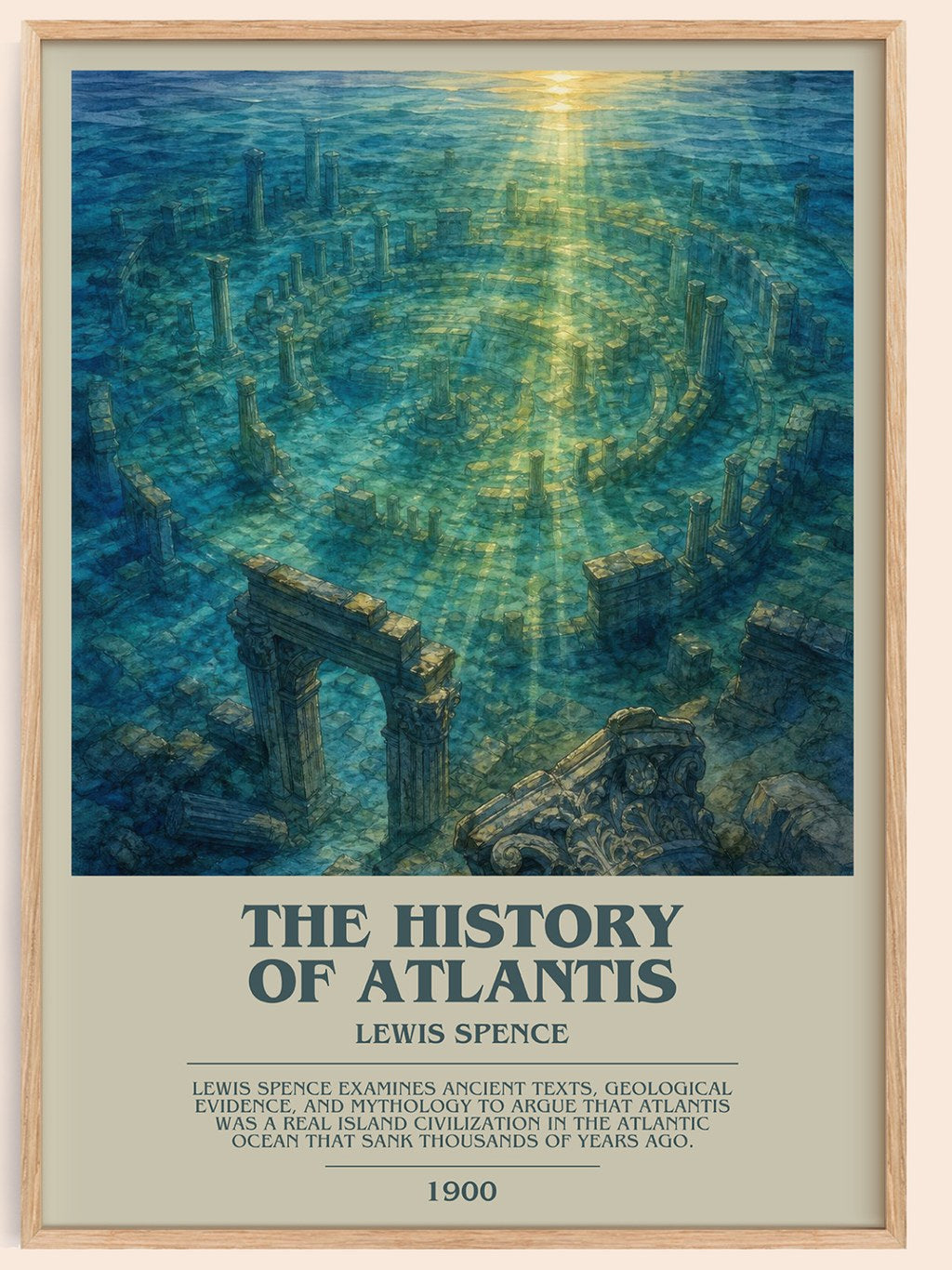 The history of Atlantis bookish book poster by Lewis Spence – framed literary art print