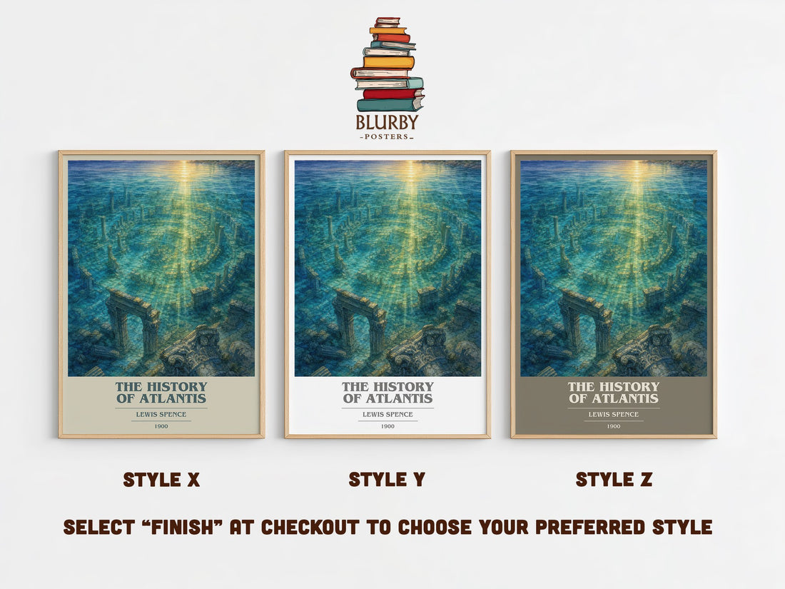 The history of Atlantis book cover print in frame leaning in hallway – non fiction wall art (mockup)