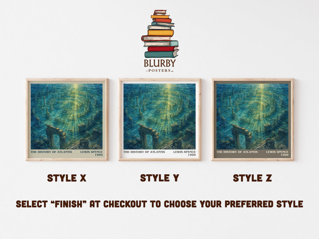 The history of Atlantis literary print in frame leaning in hallway – non fiction wall art (mockup)