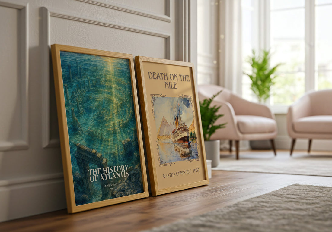The history of Atlantis watercolour print framed by window – literary home decor