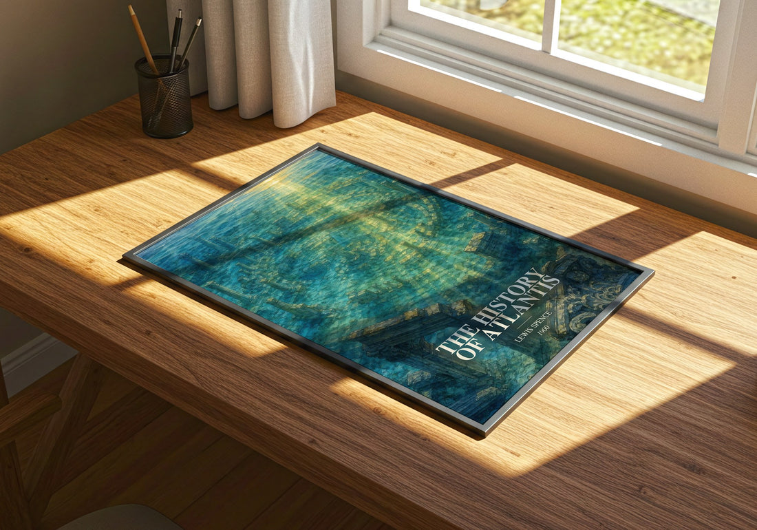The history of Atlantis watercolour book poster framed on wall – non fiction wall art
