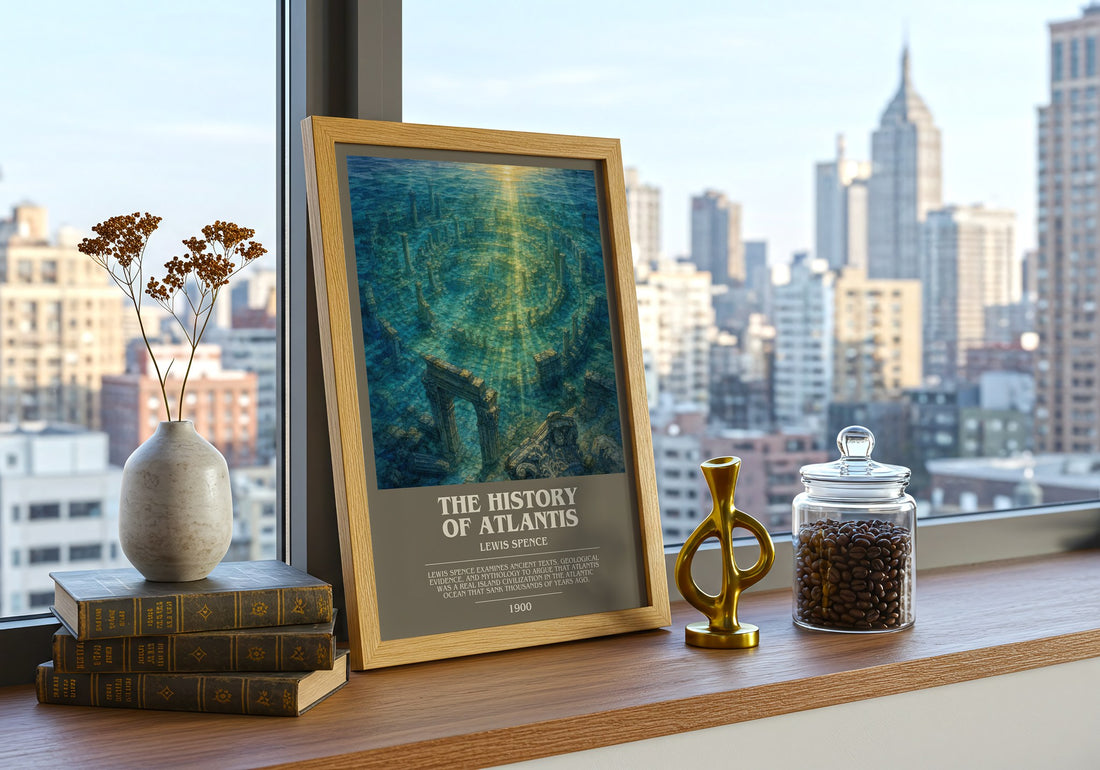 The history of Atlantis bookish print framed by window – literary home decor