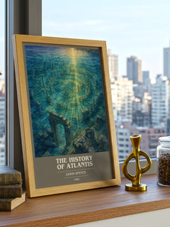 The history of Atlantis book cover print framed by window – literary home decor