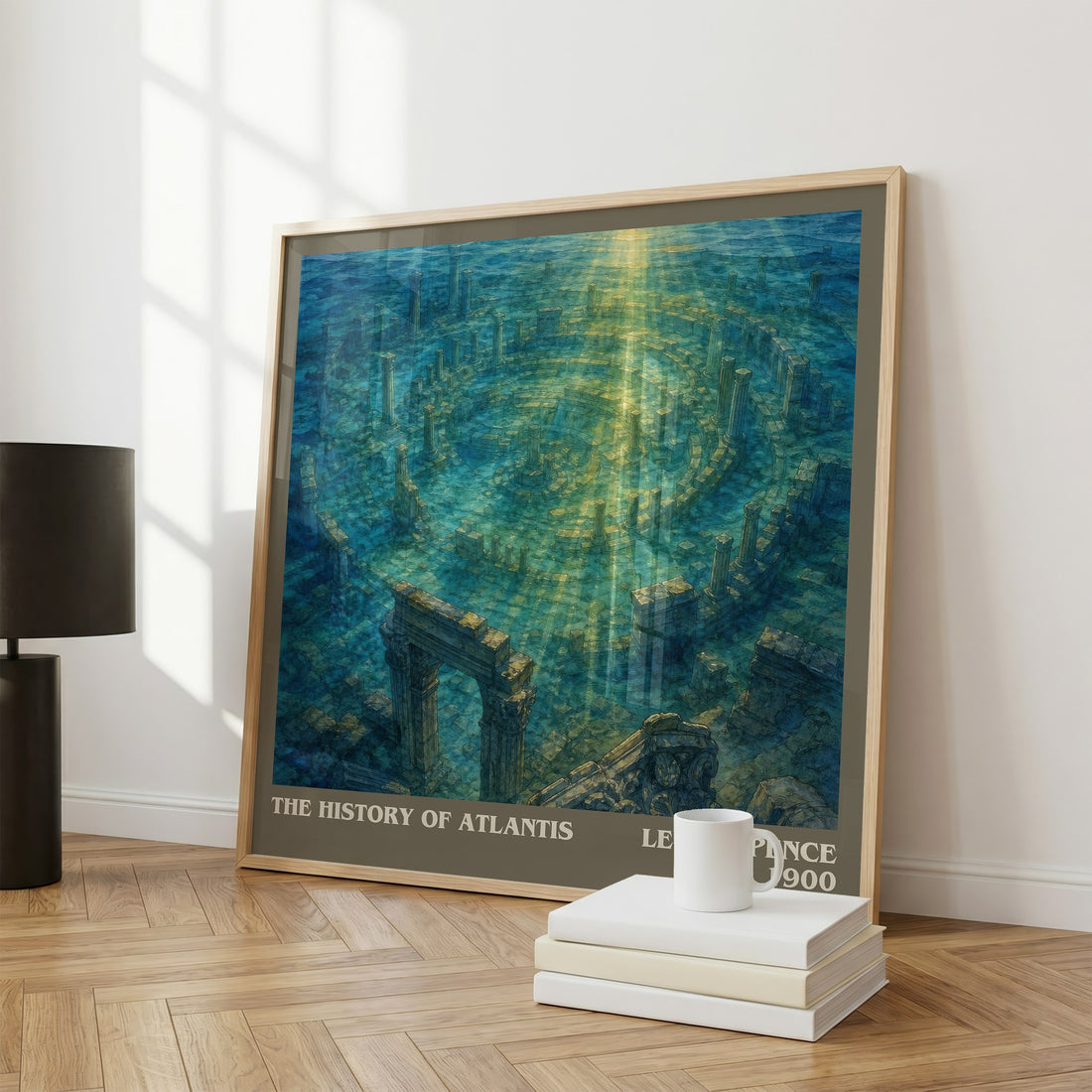 The history of Atlantis literary print framed by window – literary home decor