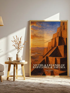 Myths & legends of Babylonia & Assyria watercolour print in frame leaning in hallway – non fiction wall art