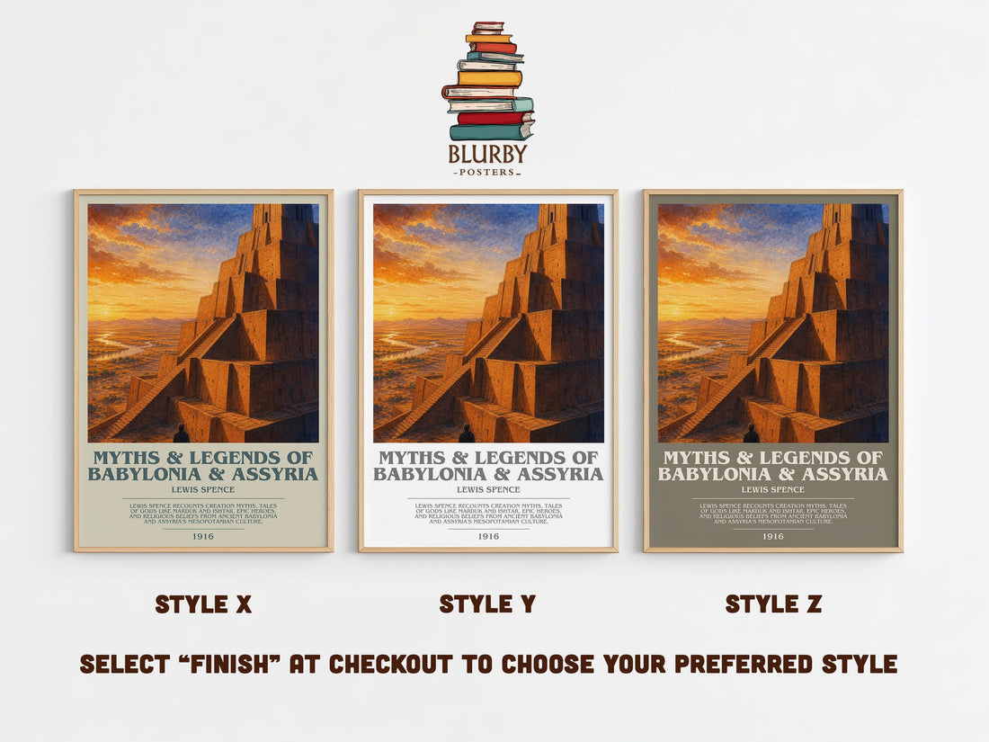 Myths & legends of Babylonia & Assyria bookish print in frame leaning in hallway – non fiction wall art (mockup)