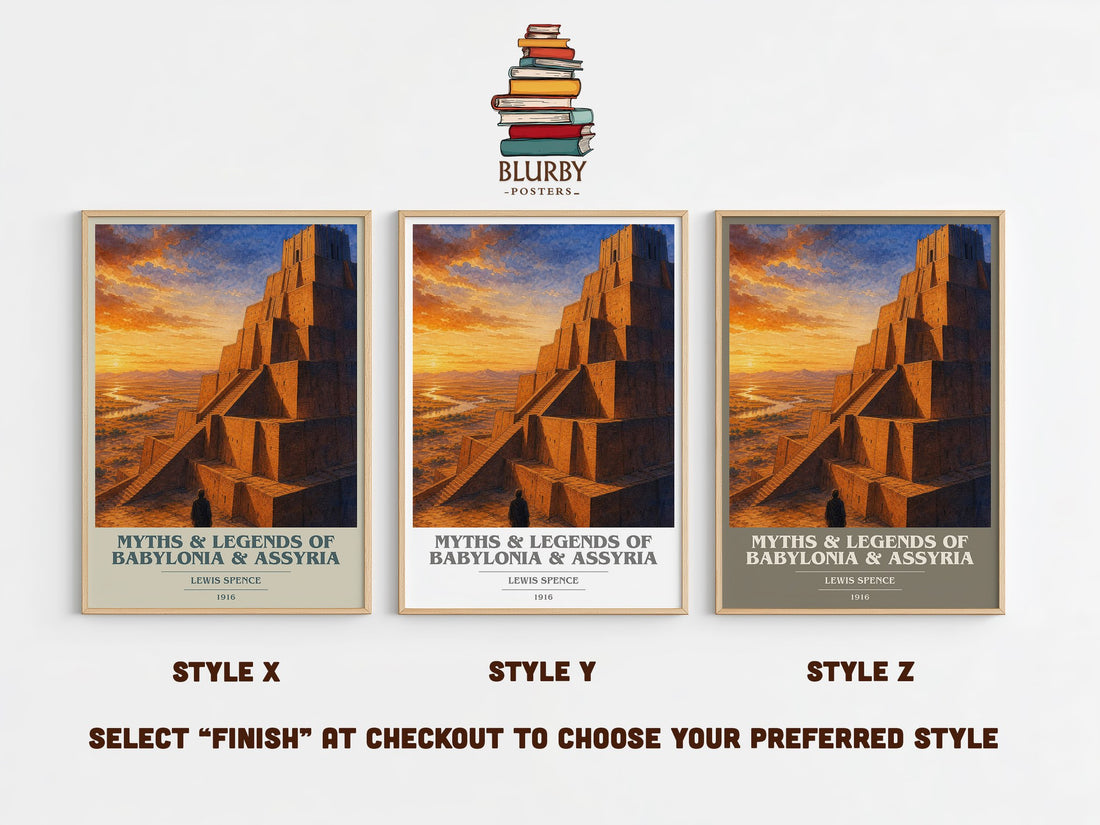 Myths & legends of Babylonia & Assyria book cover print in frame leaning in hallway – non fiction wall art (mockup)