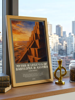Myths & legends of Babylonia & Assyria Bookish Wall Art by L. Spence – framed print on a city-view windowsill