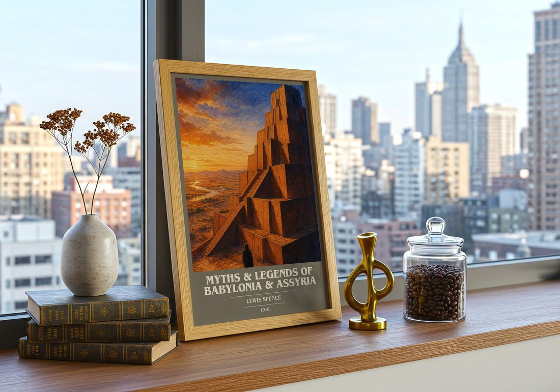 Myths & legends of Babylonia & Assyria book cover print framed by window – literary home decor