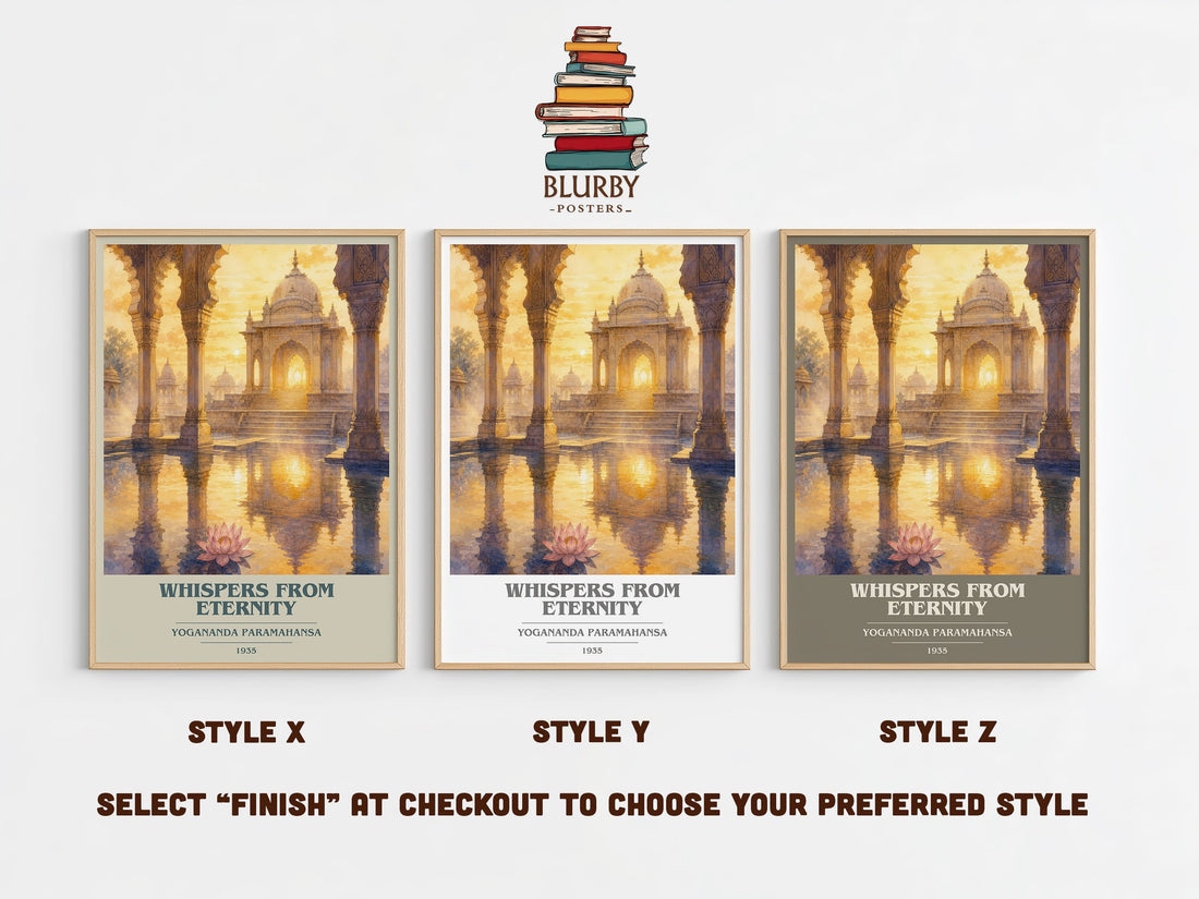 Whispers from Eternity book cover print in frame leaning in hallway – philosophy wall art (mockup)