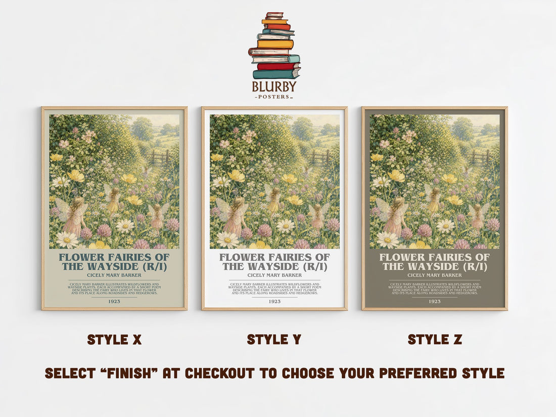 Flower Fairies of the Wayside (R/I) bookish print in frame leaning in hallway – childrens wall art (mockup)