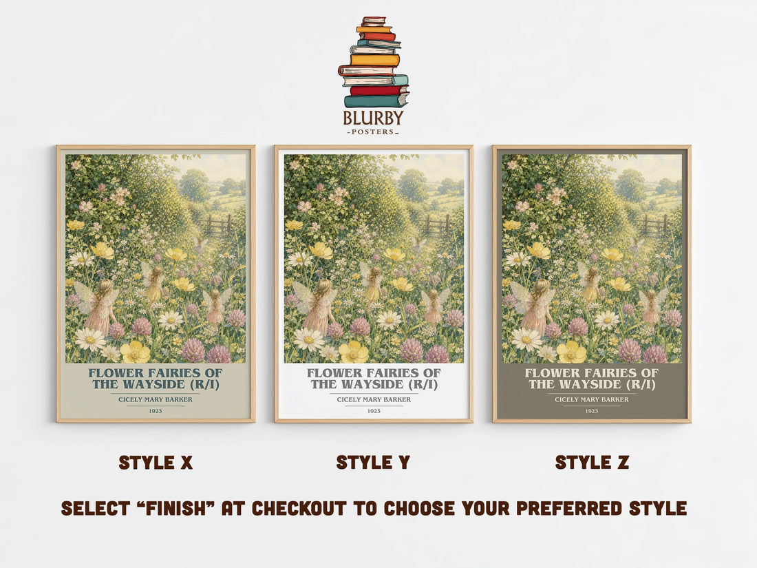 Flower Fairies of the Wayside (R/I) book cover print in frame leaning in hallway – childrens wall art (mockup)