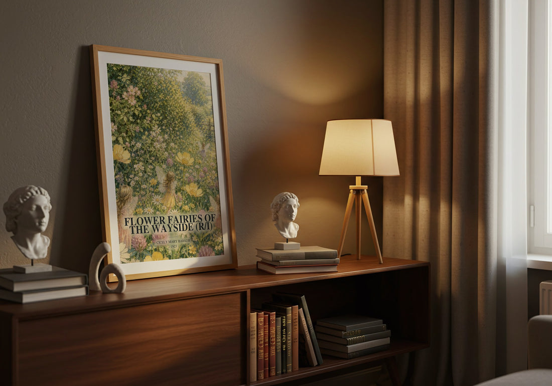 Flower Fairies of the Wayside (R/I) watercolour print on bookshelf – Cicely Mary Barker fan gift