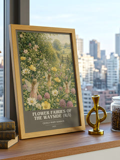 Flower Fairies of the Wayside (R/I) book cover print framed by window – literary home decor