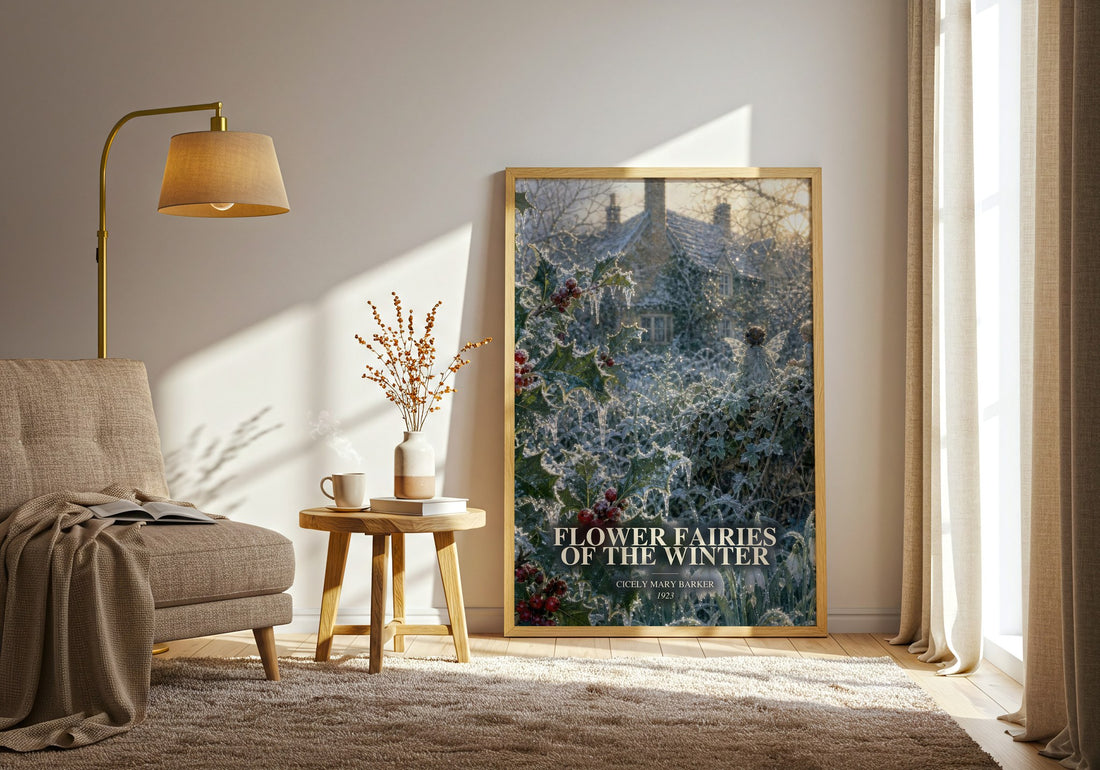 Flower Fairies of the Winter watercolour print in frame leaning in hallway – childrens wall art