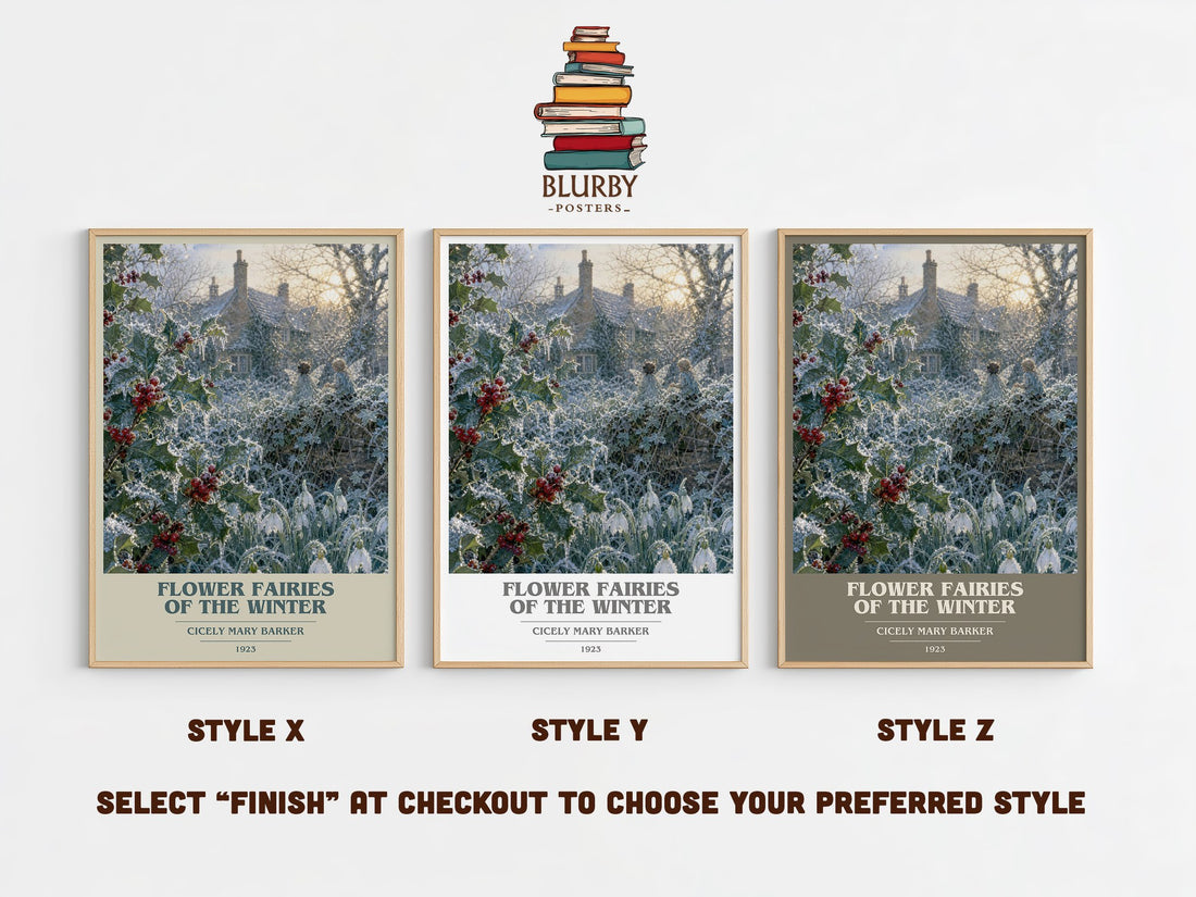 Flower Fairies of the Winter book cover print in frame leaning in hallway – childrens wall art (mockup)