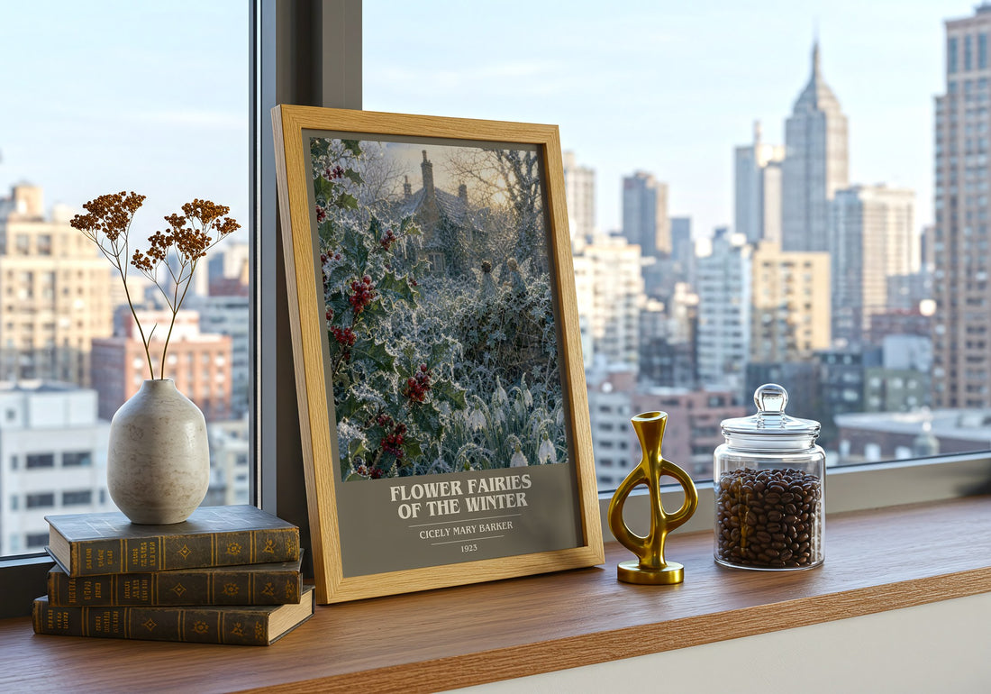 Flower Fairies of the Winter book cover print framed by window – literary home decor