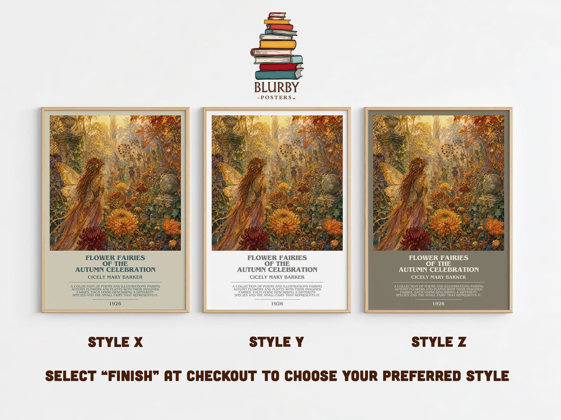 Flower Fairies of the Autumn Celebration bookish print in frame leaning in hallway – childrens wall art (mockup)