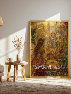 Flower Fairies of the Autumn Celebration watercolour print in frame leaning in hallway – childrens wall art