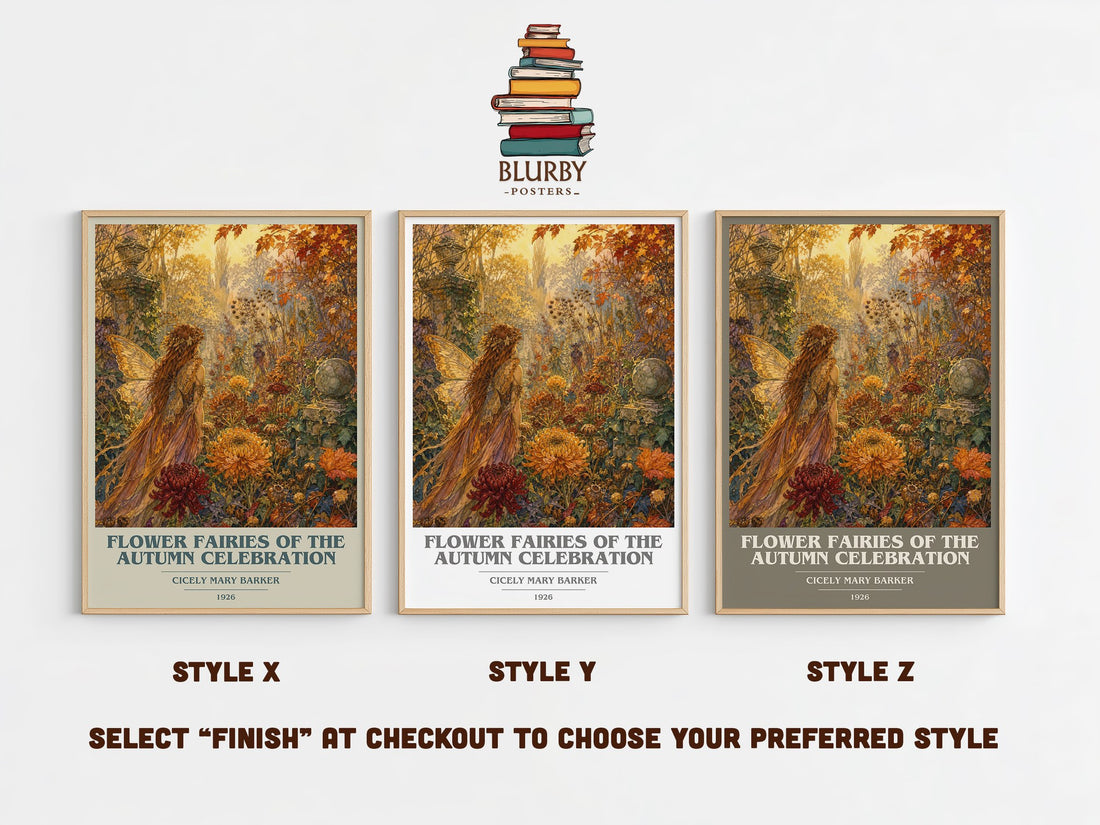 Flower Fairies of the Autumn Celebration book cover print in frame leaning in hallway – childrens wall art (mockup)