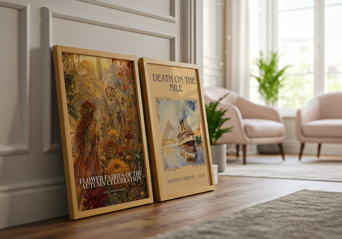 Flower Fairies of the Autumn Celebration watercolour print framed by window – literary home decor