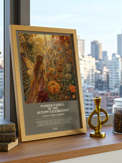 Flower Fairies of the Autumn Celebration bookish print framed by window – literary home decor