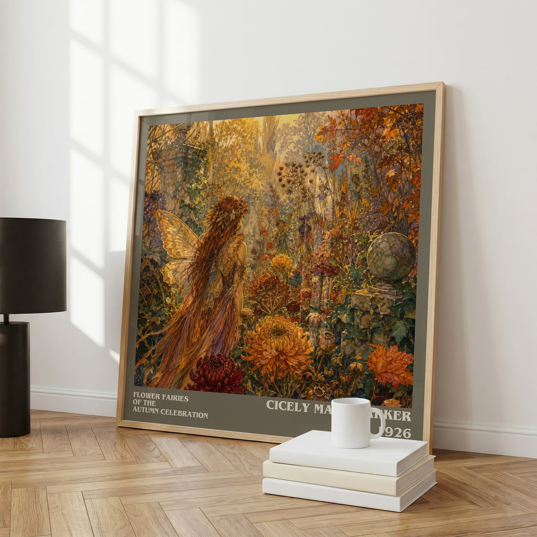 Flower Fairies of the Autumn Celebration literary print framed by window – literary home decor