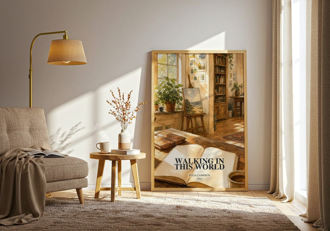 Walking in this World watercolour print in frame leaning in hallway – non fiction wall art