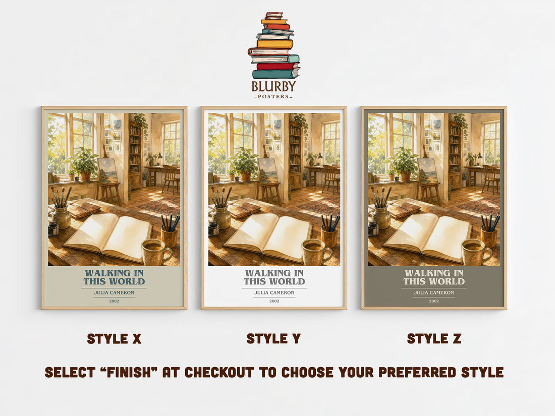 Walking in this World book cover print in frame leaning in hallway – non fiction wall art (mockup)