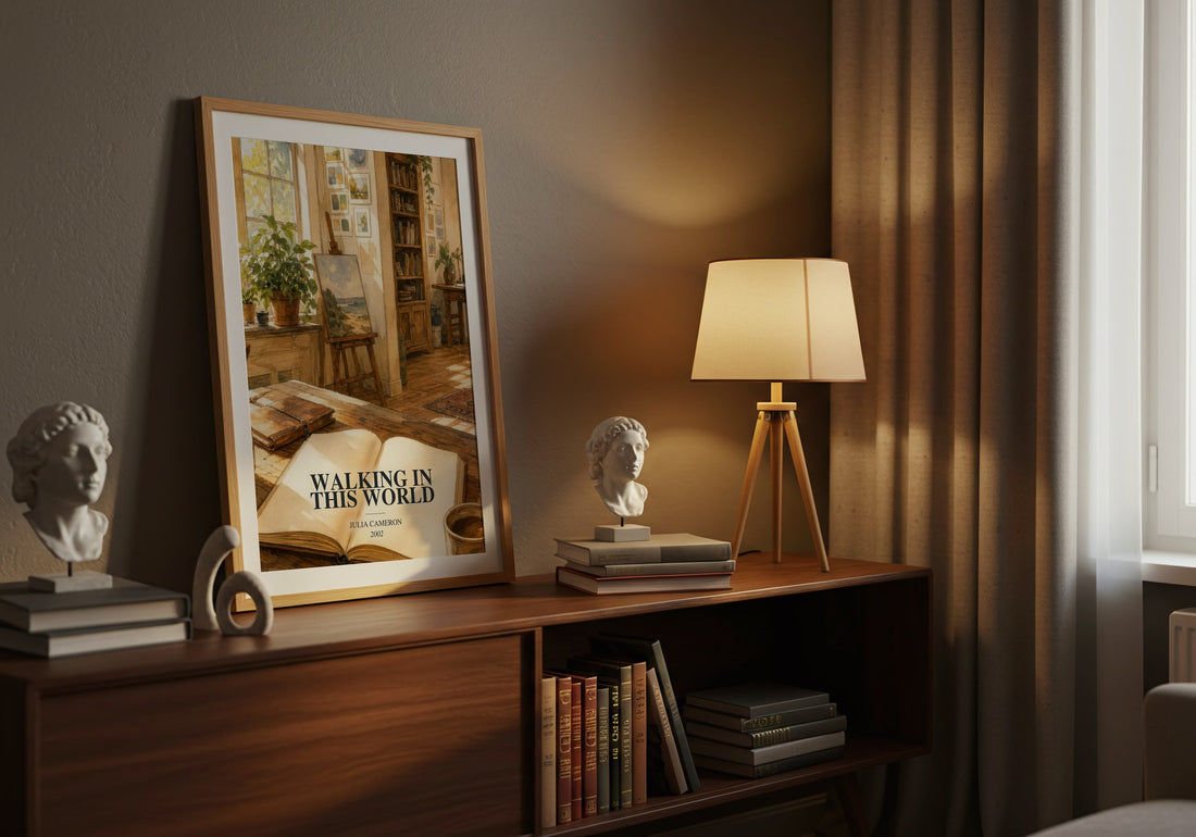 Walking in this World watercolour print on bookshelf – Julia Cameron fan gift