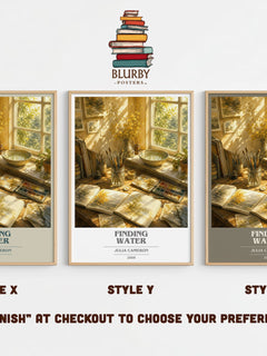 Finding water book cover print in frame leaning in hallway – non fiction wall art