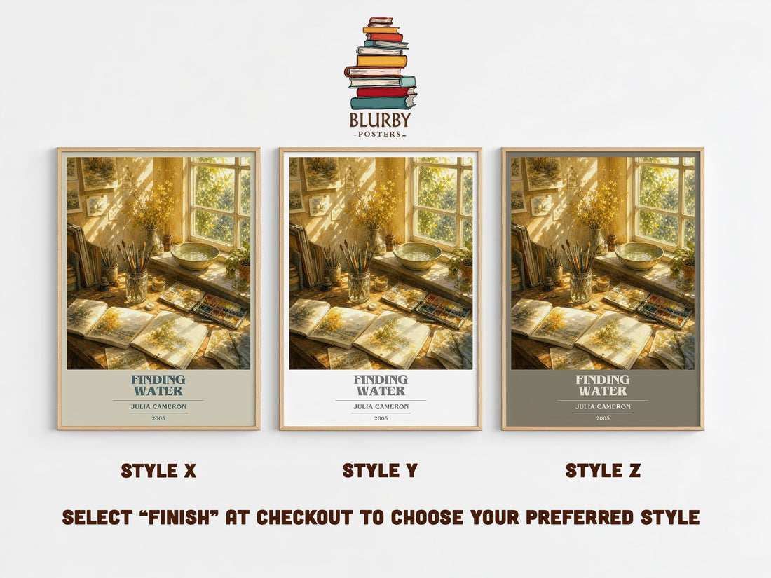 Finding water book cover print in frame leaning in hallway – non fiction wall art (mockup)