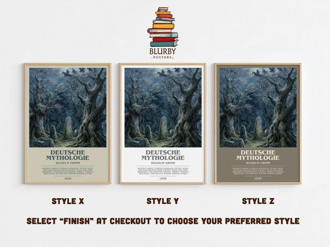 Deutsche mythologie bookish print in frame leaning in hallway – non fiction wall art (mockup)