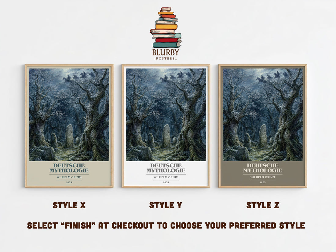 Deutsche mythologie book cover print in frame leaning in hallway – non fiction wall art (mockup)