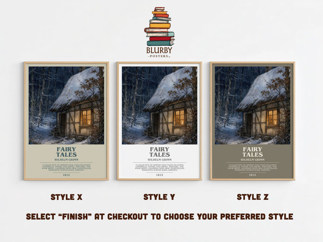 Fairy tales bookish print in frame leaning in hallway – childrens wall art (mockup)