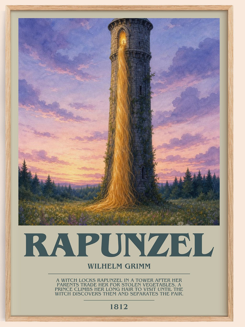 Rapunzel bookish book poster by Wilhelm Grimm – framed literary art print