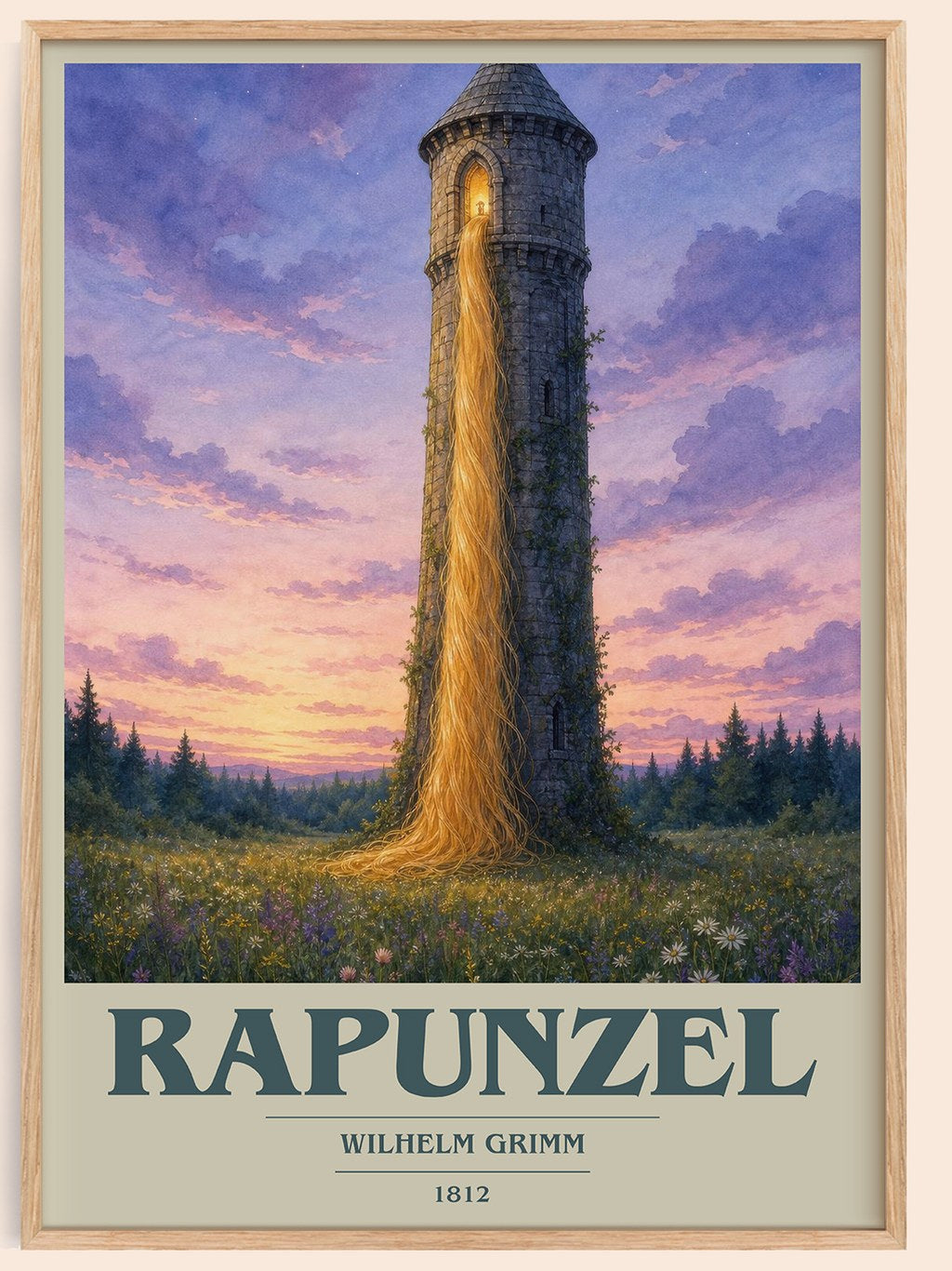 Rapunzel book cover book poster by Wilhelm Grimm – framed literary art print