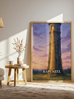 Rapunzel watercolour print in frame leaning in hallway – childrens wall art