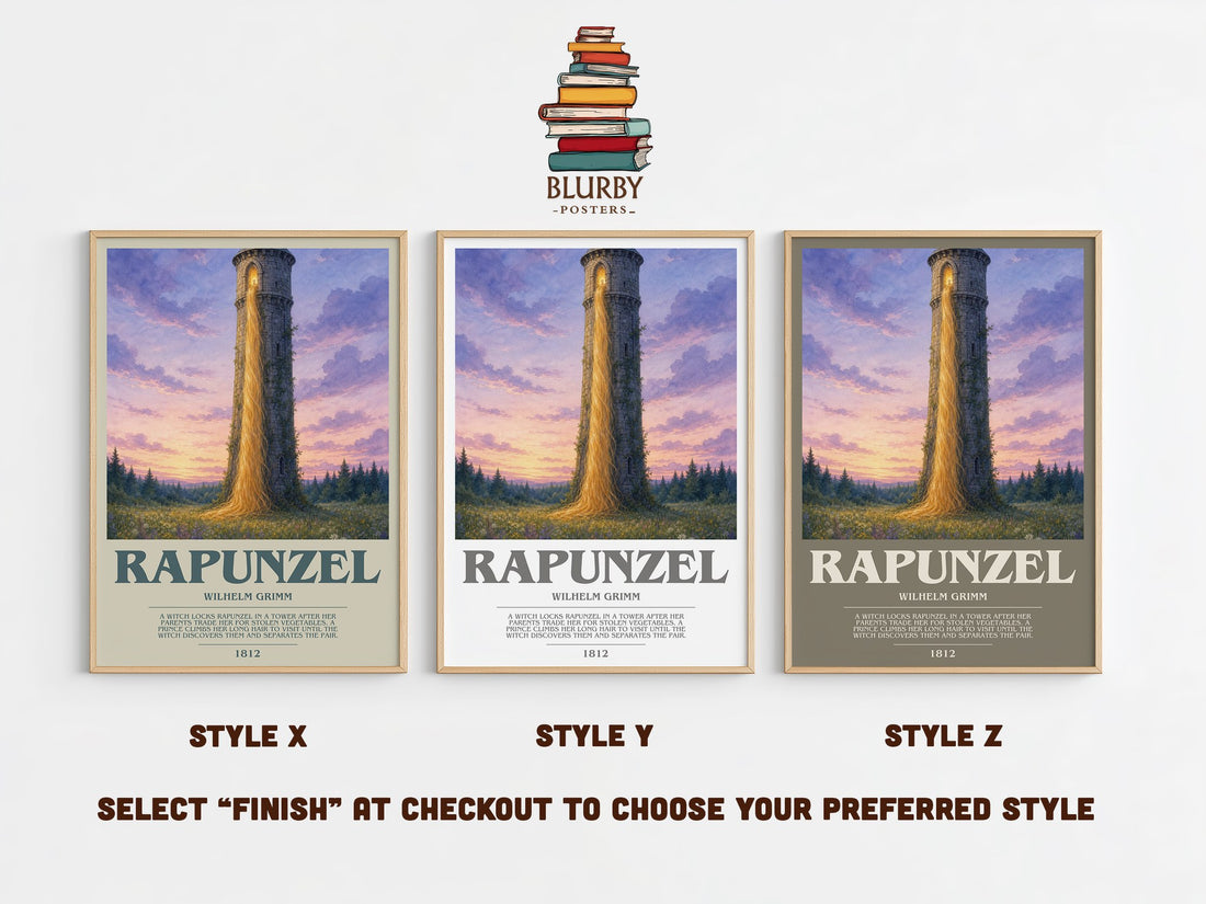 Rapunzel bookish print in frame leaning in hallway – childrens wall art (mockup)