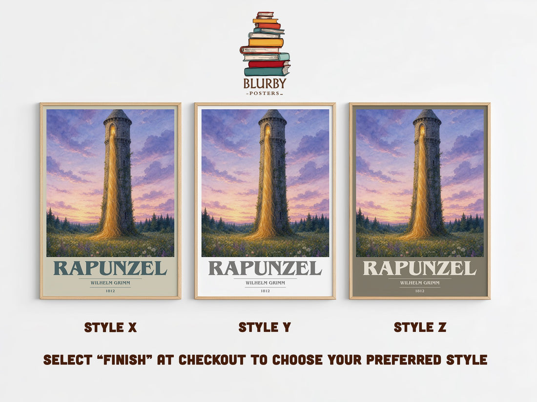 Rapunzel book cover print in frame leaning in hallway – childrens wall art (mockup)