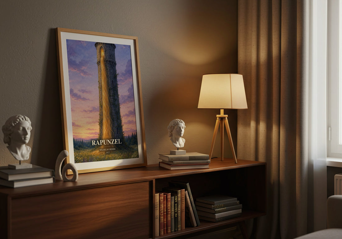 Rapunzel watercolour print on bookshelf – Wilhelm Grimm fan gift