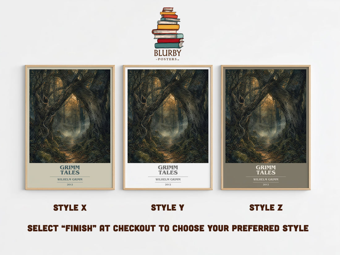 Grimm Tales book cover print in frame leaning in hallway – childrens wall art (mockup)