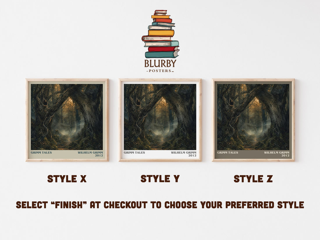 Grimm Tales literary print in frame leaning in hallway – childrens wall art (mockup)