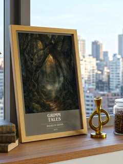 Grimm Tales book cover print framed by window – literary home decor